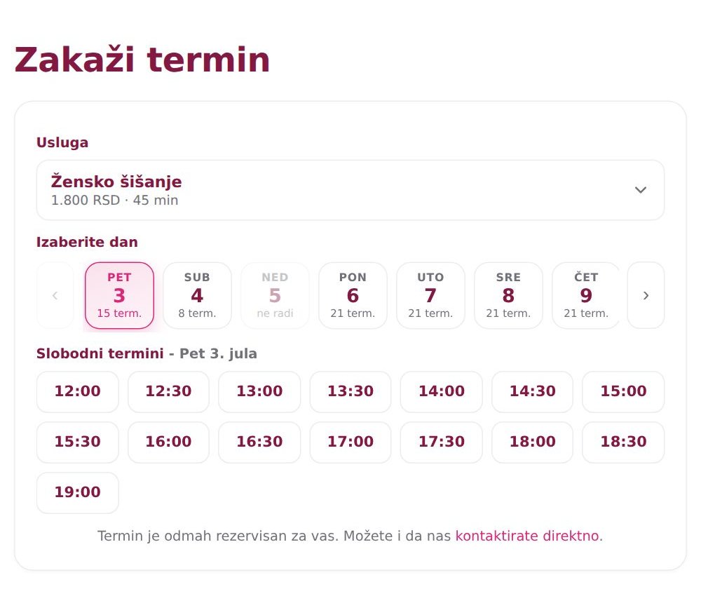 Online kalendar sa slobodnim terminima - mušterija bira dan i vreme