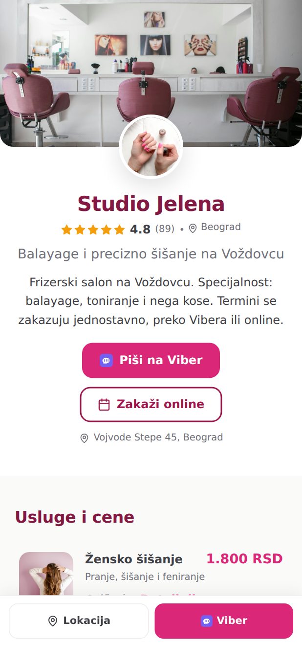 Stranica salona na telefonu - kako je vide mušterije