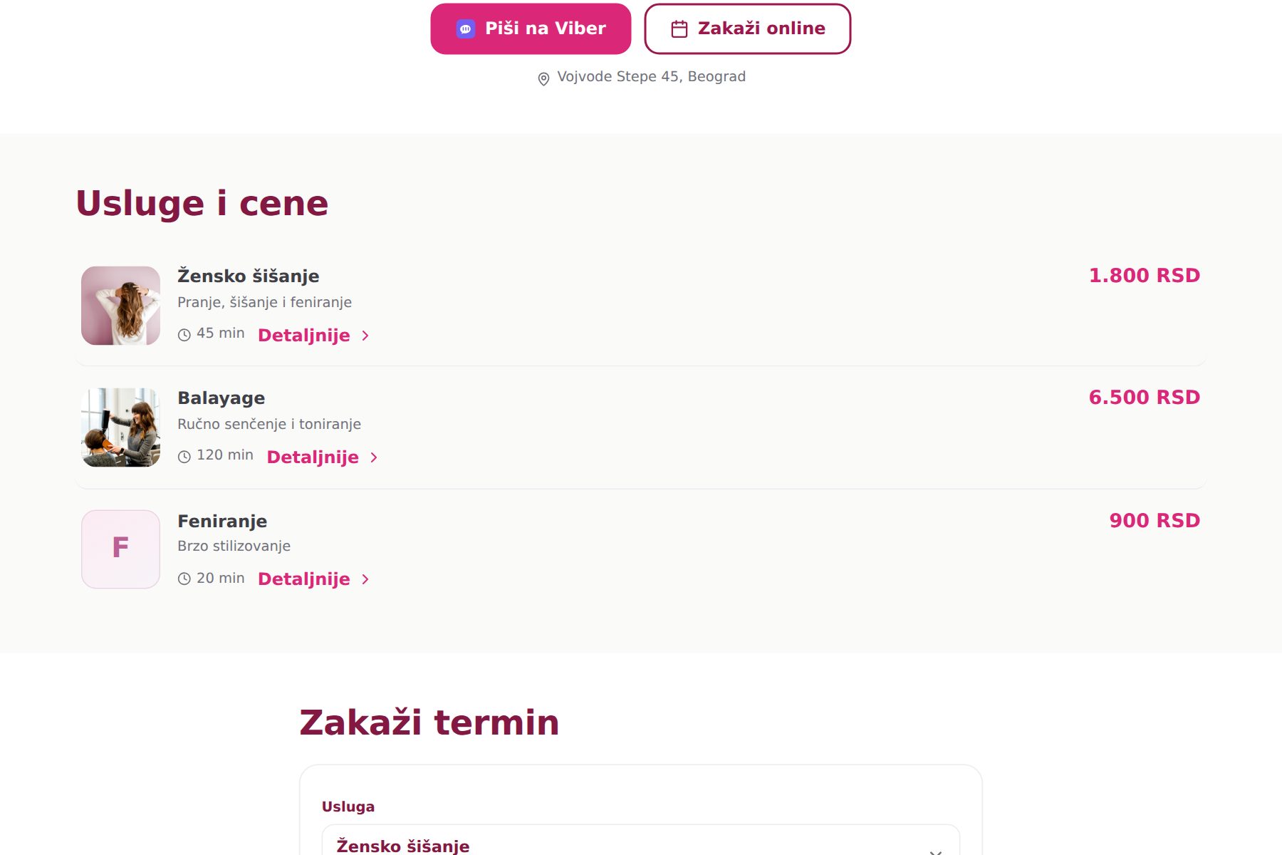 Primer liste usluga sa cenama i trajanjem na stranici