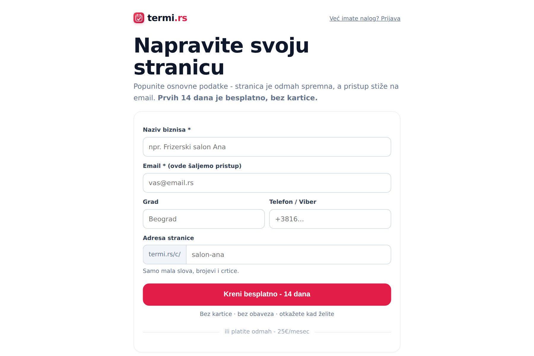 Registraciona forma za pravljenje stranice - naziv biznisa, email, grad, telefon